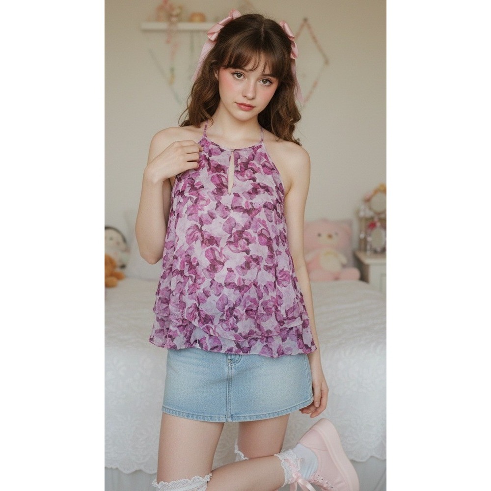 Cynthia Rowley 100% Silk Pink Floral‎ Halter Neck Ruffle Tank Womens M Coquette